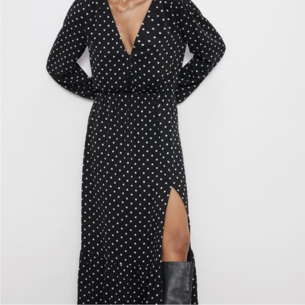 Zara Polka Dot V-Neck Long Sleeve Dress